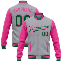 Laden Sie das Bild in den Galerie-Viewer, Custom Gray Kelly Green White-Pink Bomber Full-Snap Varsity Letterman Two Tone Jacket
