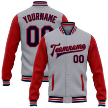 Load image into Gallery viewer, Custom Gray Navy-Red Bomber Full-Snap Varsity Letterman Two Tone Jacket