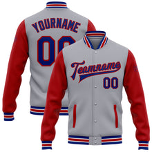 Загрузить изображение в средство просмотра галереи, Custom Gray Royal-Red Bomber Full-Snap Varsity Letterman Two Tone Jacket