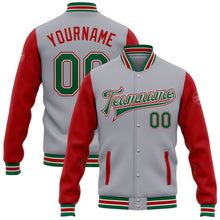 Laden Sie das Bild in den Galerie-Viewer, Custom Gray Kelly Green-Red Bomber Full-Snap Varsity Letterman Two Tone Jacket