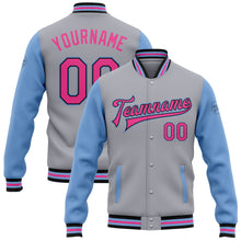 Charger l'image dans la galerie, Custom Gray Pink Black-Light Blue Bomber Full-Snap Varsity Letterman Two Tone Jacket