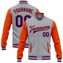 Загрузить изображение в средство просмотра галереи, Custom Gray Royal-Orange Bomber Full-Snap Varsity Letterman Two Tone Jacket