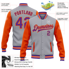 Laden Sie das Bild in den Galerie-Viewer, Custom Gray Purple-Orange Bomber Full-Snap Varsity Letterman Two Tone Jacket
