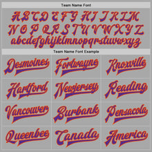 Laden Sie das Bild in den Galerie-Viewer, Custom Gray Purple-Orange Bomber Full-Snap Varsity Letterman Two Tone Jacket