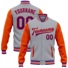 Laden Sie das Bild in den Galerie-Viewer, Custom Gray Purple-Orange Bomber Full-Snap Varsity Letterman Two Tone Jacket