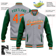 Load image into Gallery viewer, Custom Gray Orange-Kelly Green Bomber Full-Snap Varsity Letterman Two Tone Jacket