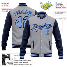 Laden Sie das Bild in den Galerie-Viewer, Custom Gray Light Blue-Navy Bomber Full-Snap Varsity Letterman Two Tone Jacket