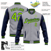 Charger l'image dans la galerie, Custom Gray Neon Green-Navy Bomber Full-Snap Varsity Letterman Two Tone Jacket
