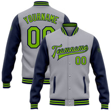Charger l'image dans la galerie, Custom Gray Neon Green-Navy Bomber Full-Snap Varsity Letterman Two Tone Jacket
