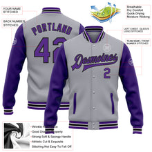 Load image into Gallery viewer, Custom Gray Purple-Black Bomber Full-Snap Varsity Letterman Two Tone Jacket
