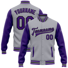 Load image into Gallery viewer, Custom Gray Purple-Black Bomber Full-Snap Varsity Letterman Two Tone Jacket