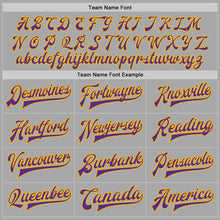 Load image into Gallery viewer, Custom Gray Purple-Gold Bomber Full-Snap Varsity Letterman Two Tone Jacket