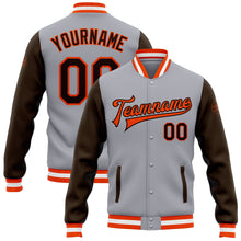 Load image into Gallery viewer, Custom Gray Brown-Orange Bomber Full-Snap Varsity Letterman Two Tone Jacket