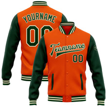 Laden Sie das Bild in den Galerie-Viewer, Custom Orange Green-Cream Bomber Full-Snap Varsity Letterman Two Tone Jacket