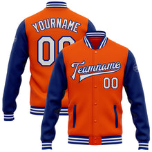 Laden Sie das Bild in den Galerie-Viewer, Custom Orange White-Royal Bomber Full-Snap Varsity Letterman Two Tone Jacket