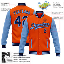 Laden Sie das Bild in den Galerie-Viewer, Custom Orange Navy-Light Blue Bomber Full-Snap Varsity Letterman Two Tone Jacket