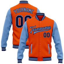 Laden Sie das Bild in den Galerie-Viewer, Custom Orange Navy-Light Blue Bomber Full-Snap Varsity Letterman Two Tone Jacket