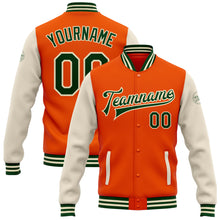 Laden Sie das Bild in den Galerie-Viewer, Custom Orange Green-Cream Bomber Full-Snap Varsity Letterman Two Tone Jacket