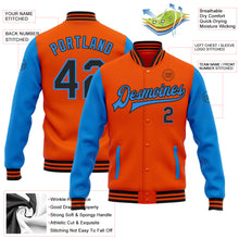 Load image into Gallery viewer, Custom Orange Black-Powder Blue Bomber Full-Snap Varsity Letterman Two Tone Jacket