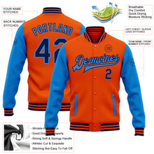 Laden Sie das Bild in den Galerie-Viewer, Custom Orange Navy-Powder Blue Bomber Full-Snap Varsity Letterman Two Tone Jacket