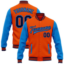 Laden Sie das Bild in den Galerie-Viewer, Custom Orange Navy-Powder Blue Bomber Full-Snap Varsity Letterman Two Tone Jacket