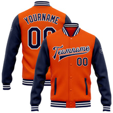Laden Sie das Bild in den Galerie-Viewer, Custom Orange Navy-White Bomber Full-Snap Varsity Letterman Two Tone Jacket