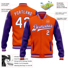 Laden Sie das Bild in den Galerie-Viewer, Custom Orange White-Purple Bomber Full-Snap Varsity Letterman Two Tone Jacket