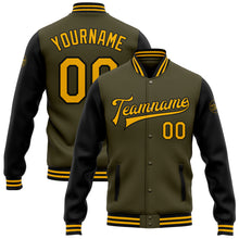 Load image into Gallery viewer, Custom Olive Gold-Black Bomber Full-Snap Varsity Letterman Two Tone Salute To Service Jacket
