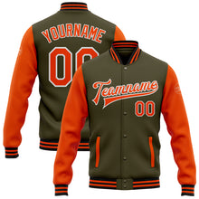 Laden Sie das Bild in den Galerie-Viewer, Custom Olive Orange-Black Bomber Full-Snap Varsity Letterman Two Tone Salute To Service Jacket