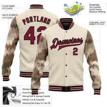 Laden Sie das Bild in den Galerie-Viewer, Custom City Cream Crimson-Black Camo Sleeves 3D Pattern Design Bomber Full-Snap Varsity Letterman Jacket