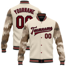 Laden Sie das Bild in den Galerie-Viewer, Custom City Cream Crimson-Black Camo Sleeves 3D Pattern Design Bomber Full-Snap Varsity Letterman Jacket