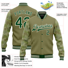 Загрузить изображение в средство просмотра галереи, Custom Olive Green-Cream Camo Sleeves 3D Pattern Design Bomber Full-Snap Varsity Letterman Salute To Service Jacket