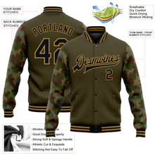 Загрузить изображение в средство просмотра галереи, Custom Olive Black-Old Gold Camo Sleeves 3D Pattern Design Bomber Full-Snap Varsity Letterman Salute To Service Jacket