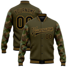 Загрузить изображение в средство просмотра галереи, Custom Olive Black-Old Gold Camo Sleeves 3D Pattern Design Bomber Full-Snap Varsity Letterman Salute To Service Jacket