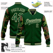 Load image into Gallery viewer, Custom Green Cream Dinosaur Camo Sleeves 3D Pattern Design Bomber Full-Snap Varsity Letterman Jacket