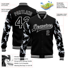 Laden Sie das Bild in den Galerie-Viewer, Custom Black White Flying Bird Sleeves 3D Pattern Design Bomber Full-Snap Varsity Letterman Jacket