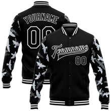 Laden Sie das Bild in den Galerie-Viewer, Custom Black White Flying Bird Sleeves 3D Pattern Design Bomber Full-Snap Varsity Letterman Jacket