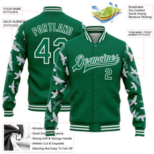 Загрузить изображение в средство просмотра галереи, Custom Kelly Green White Flying Bird Sleeves 3D Pattern Design Bomber Full-Snap Varsity Letterman Jacket