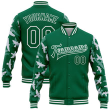 Загрузить изображение в средство просмотра галереи, Custom Kelly Green White Flying Bird Sleeves 3D Pattern Design Bomber Full-Snap Varsity Letterman Jacket