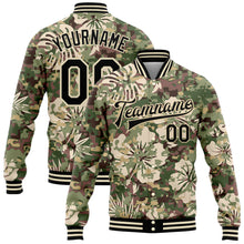 Charger l'image dans la galerie, Custom Camo Black-Cream Hawaii Palm Leaves 3D Bomber Full-Snap Varsity Letterman Salute To Service Jacket