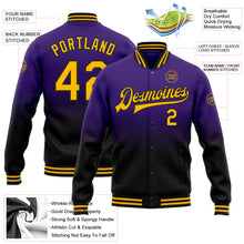 Charger l'image dans la galerie, Custom Purple Gold-Black Bomber Full-Snap Varsity Letterman Fade Fashion Jacket