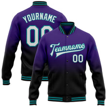 Charger l'image dans la galerie, Custom Purple White Black-Teal Bomber Full-Snap Varsity Letterman Fade Fashion Jacket