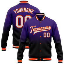 Charger l'image dans la galerie, Custom Purple White Black-Orange Bomber Full-Snap Varsity Letterman Fade Fashion Jacket