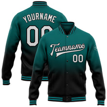 Charger l'image dans la galerie, Custom Teal White-Black Bomber Full-Snap Varsity Letterman Fade Fashion Jacket
