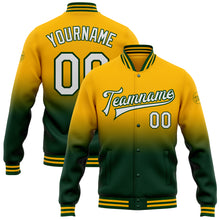 Load image into Gallery viewer, Custom Gold White-Green Bomber Full-Snap Varsity Letterman Fade Fashion Jacket
