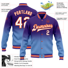 Charger l'image dans la galerie, Custom Purple White Light Blue-Orange Bomber Full-Snap Varsity Letterman Fade Fashion Jacket