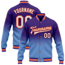 Charger l'image dans la galerie, Custom Purple White Light Blue-Orange Bomber Full-Snap Varsity Letterman Fade Fashion Jacket