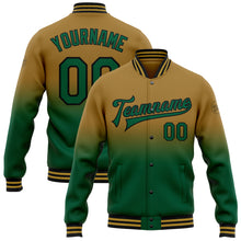 Charger l'image dans la galerie, Custom Old Gold Kelly Green-Black Bomber Full-Snap Varsity Letterman Fade Fashion Jacket