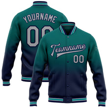 Charger l'image dans la galerie, Custom Teal Gray-Navy Bomber Full-Snap Varsity Letterman Fade Fashion Jacket