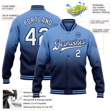 Charger l'image dans la galerie, Custom Light Blue White-Navy Bomber Full-Snap Varsity Letterman Fade Fashion Jacket